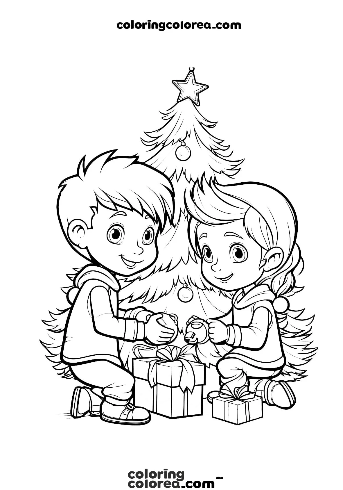 Colorear gratis dibujo de niños decorando el árbol de Navidad