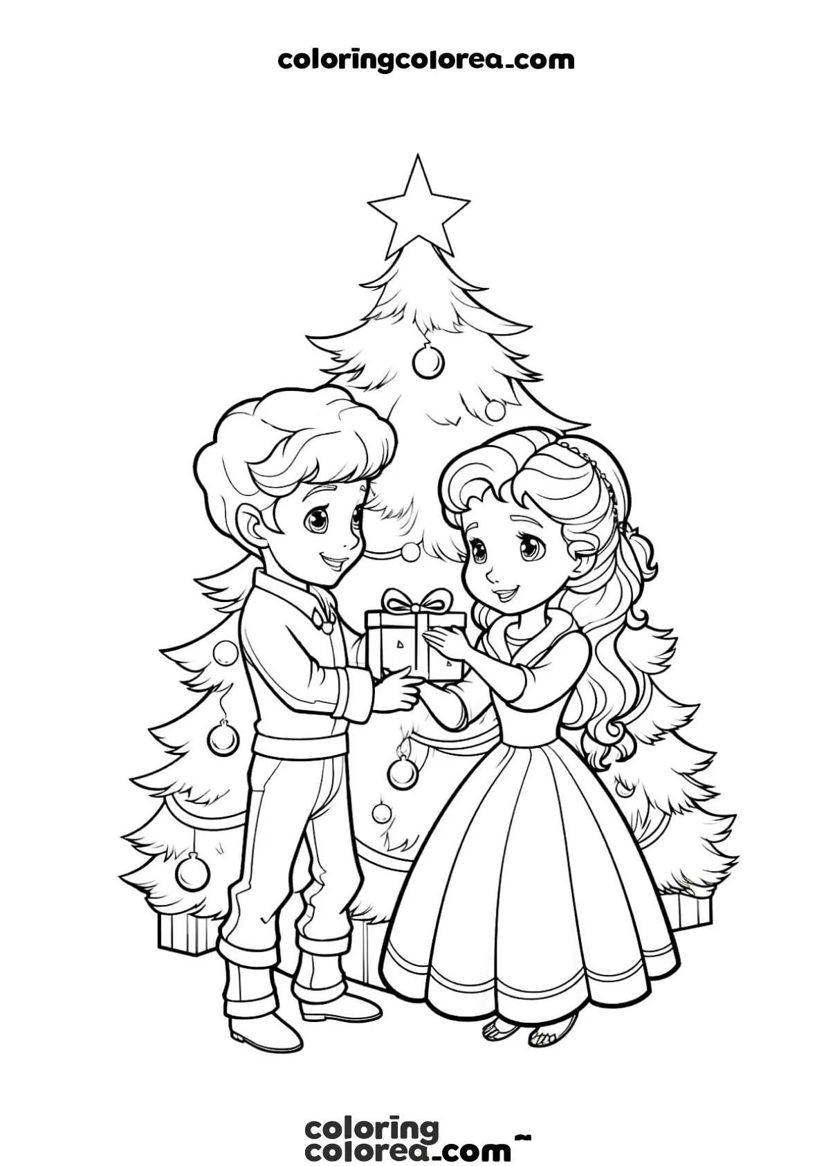 Colorear  gratis principe y princesa compartiendo regalos en Navidad