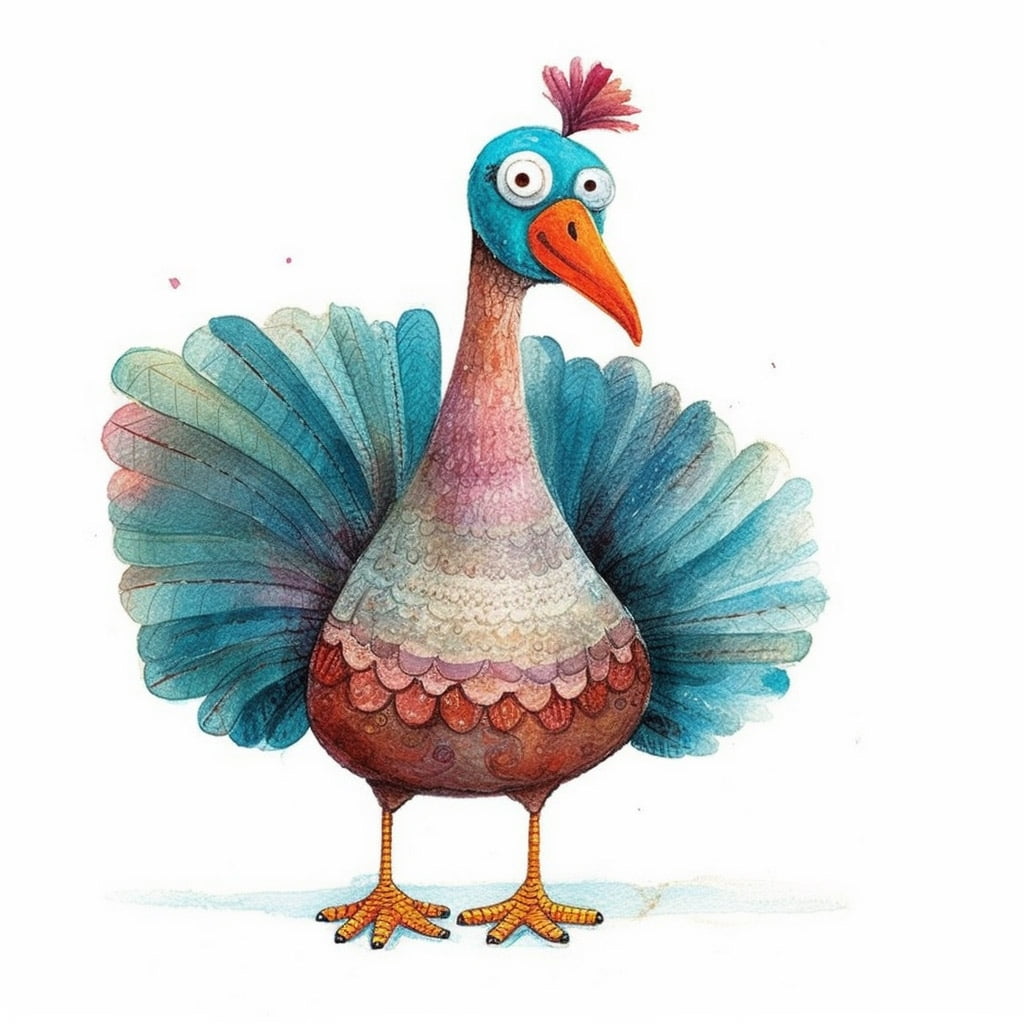 Dibujo en tonos suaves, pastel o acuarelas de un pavo