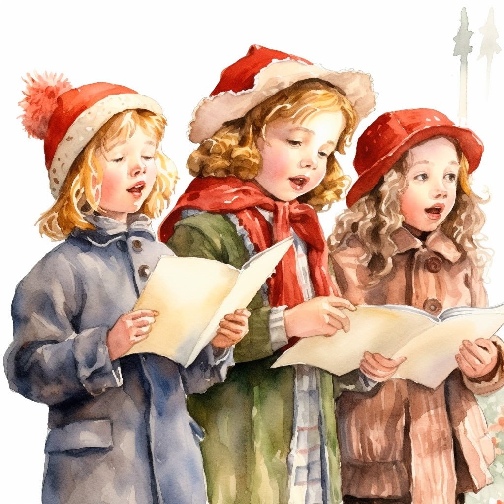 Dibujo de tres niñas cantando villancicos en Navidad