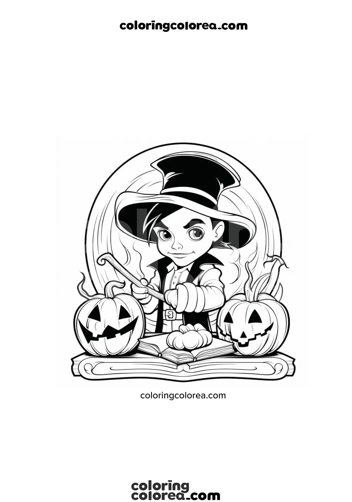 Dibujo para colorear de un niño vestido de mago en Halloween