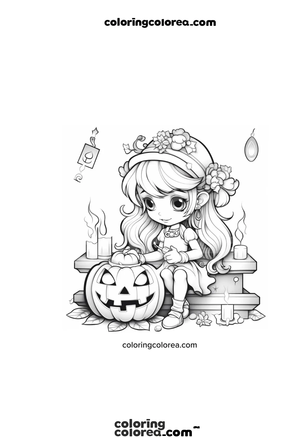 Dibujo para colorear de una niña decorando una calabaza de Halloween