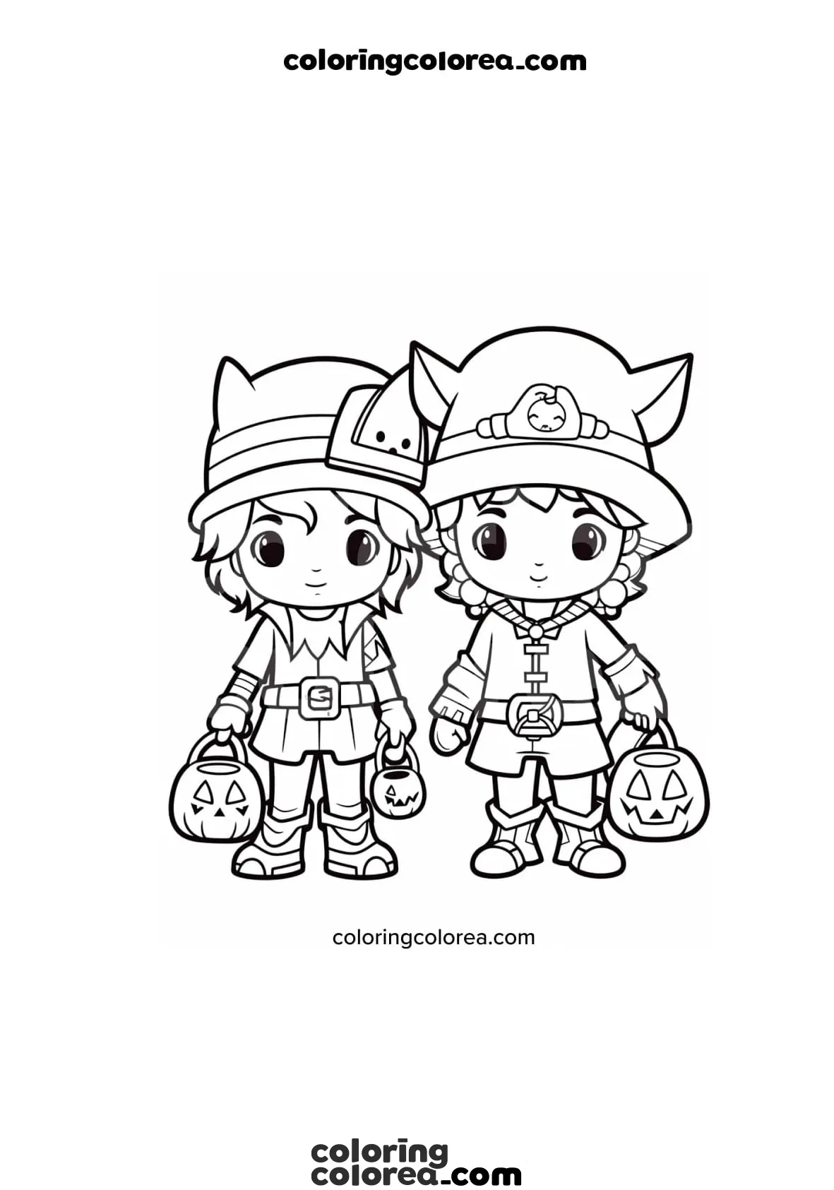 Dibujo para colorear de niños en halloween portando bolsas para truco o trato con forma de calabaza