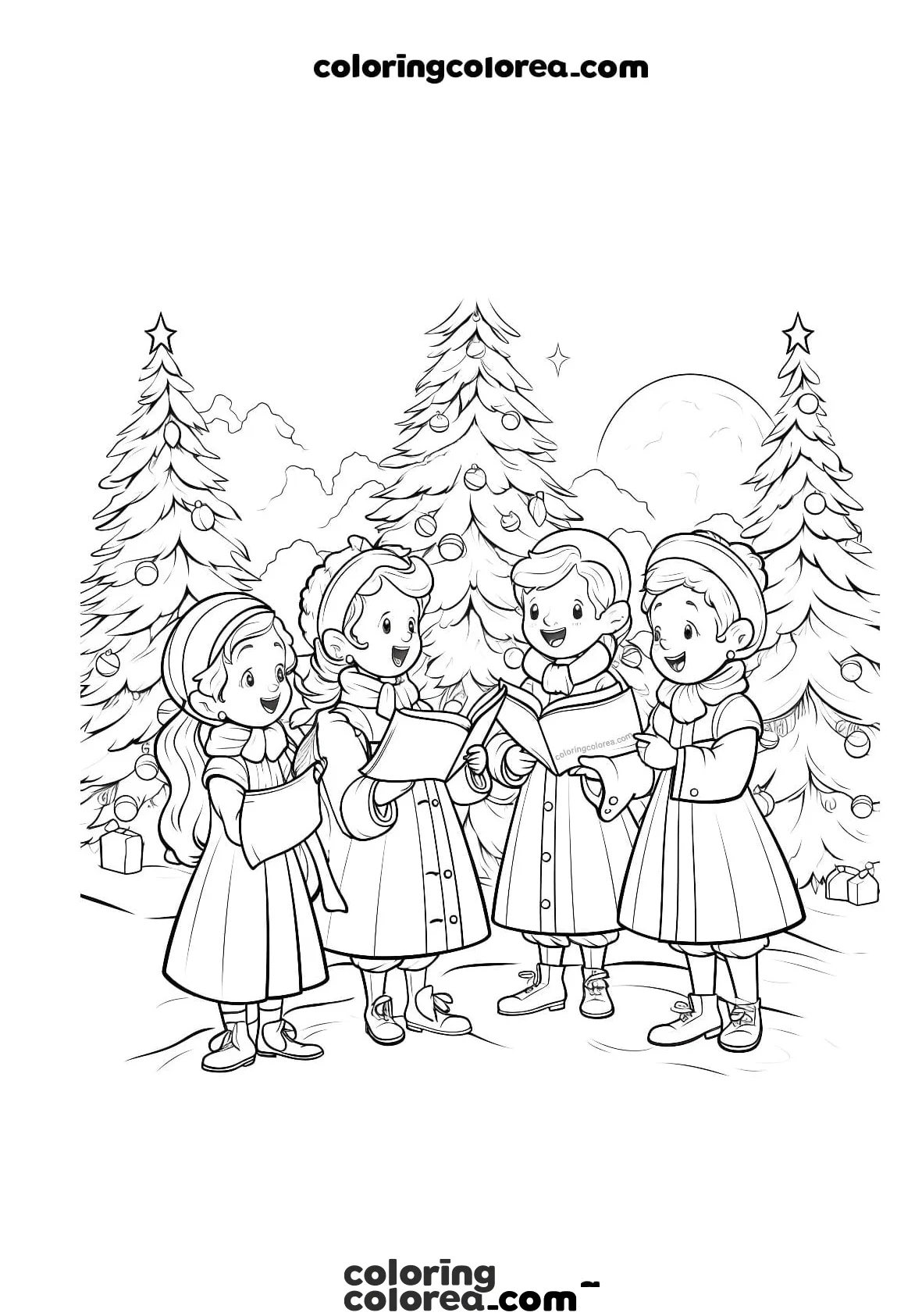 Dibujo para colorear de niños cantando villancicos en la calle