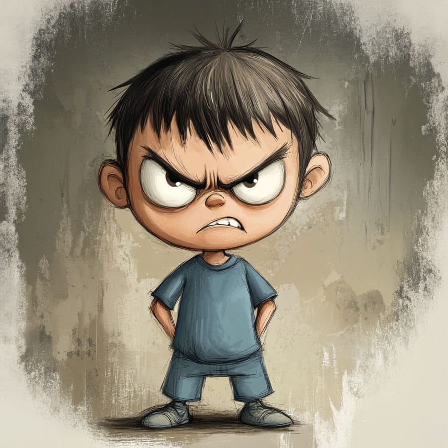Ilustración de un niño enfadado sobre un fondo oscuro