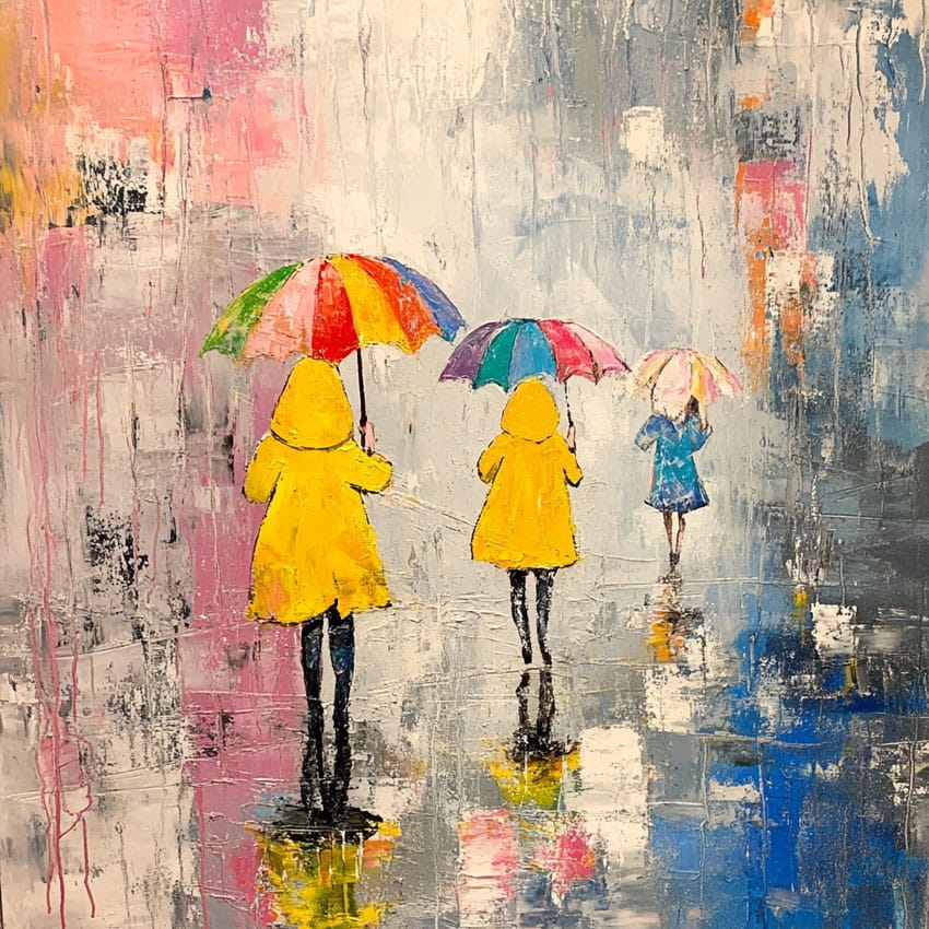 Pintura de personas bajo la lluvia con paraguas de colores