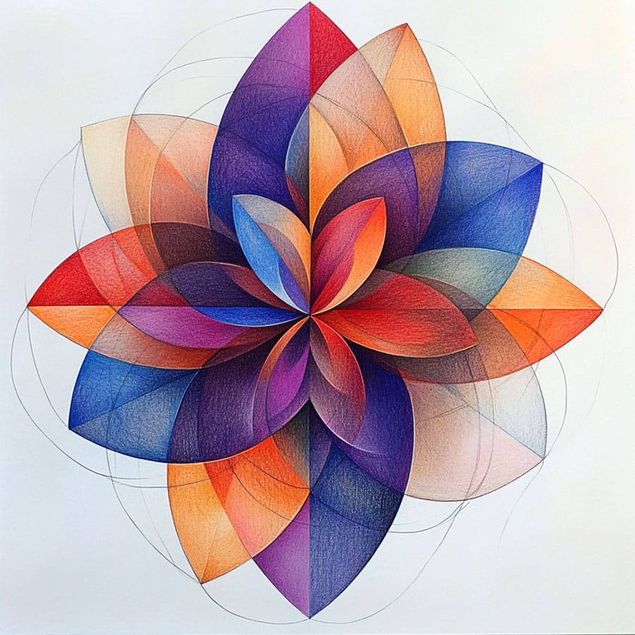 Mandala floral de carácter geométrico coloreado con superposición de colores