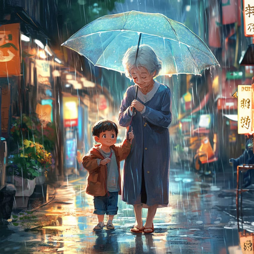 Ilustración realista realizada con IA de una abuela y su nieta bajo el paraguas en un día de lluvia