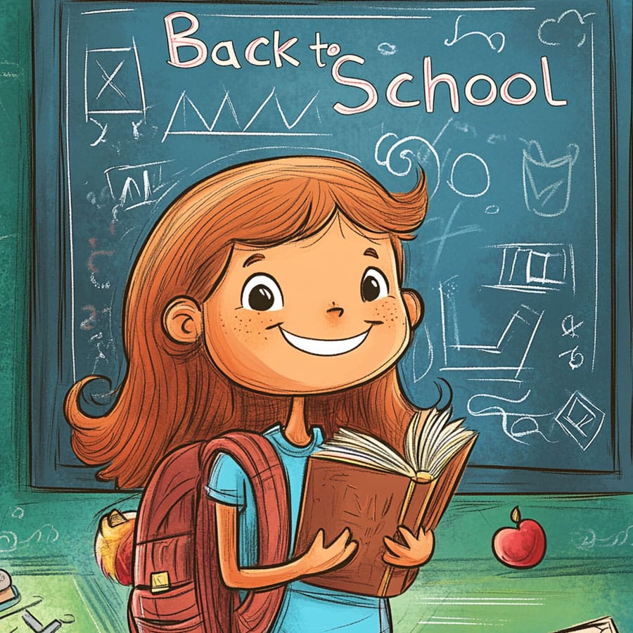 Dibujo de una niña feliz en su "vuelta al cole"