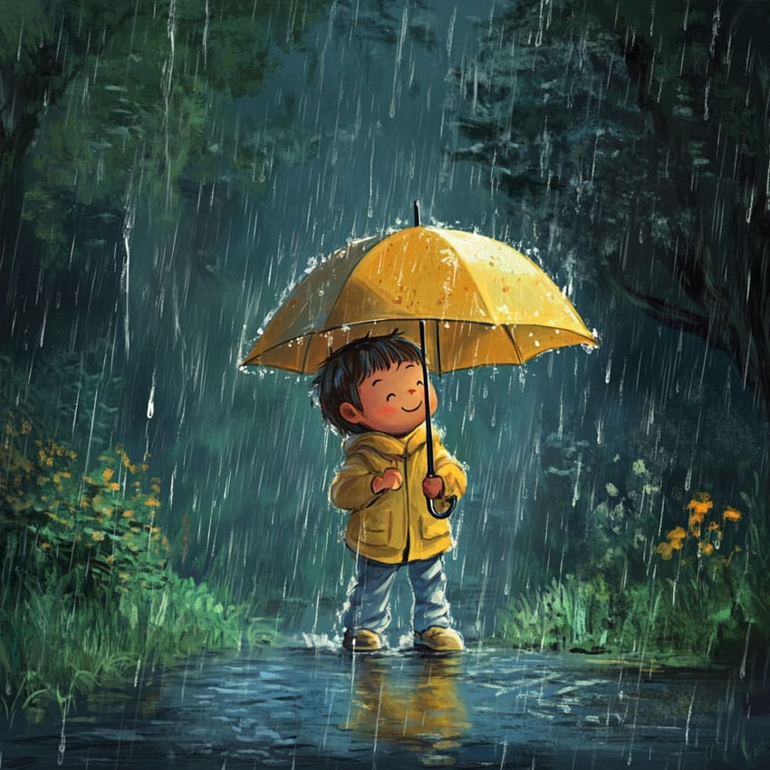 Dibujo de un niño feliz con sus botas de agua y paraguas amarillo bajo la lluvia