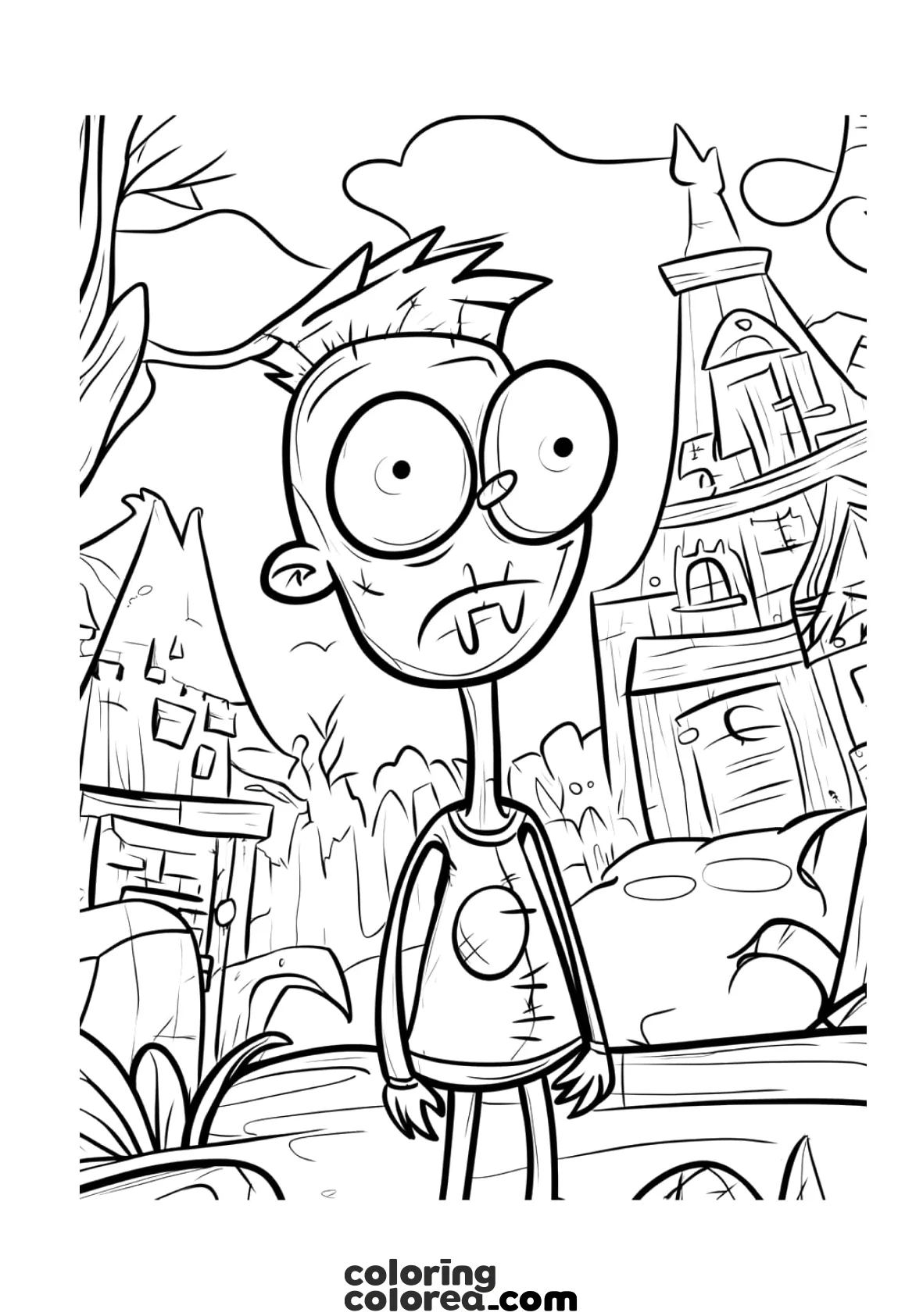 Dibujo infantil para colorear gratis de un divertido zombie de Halloween