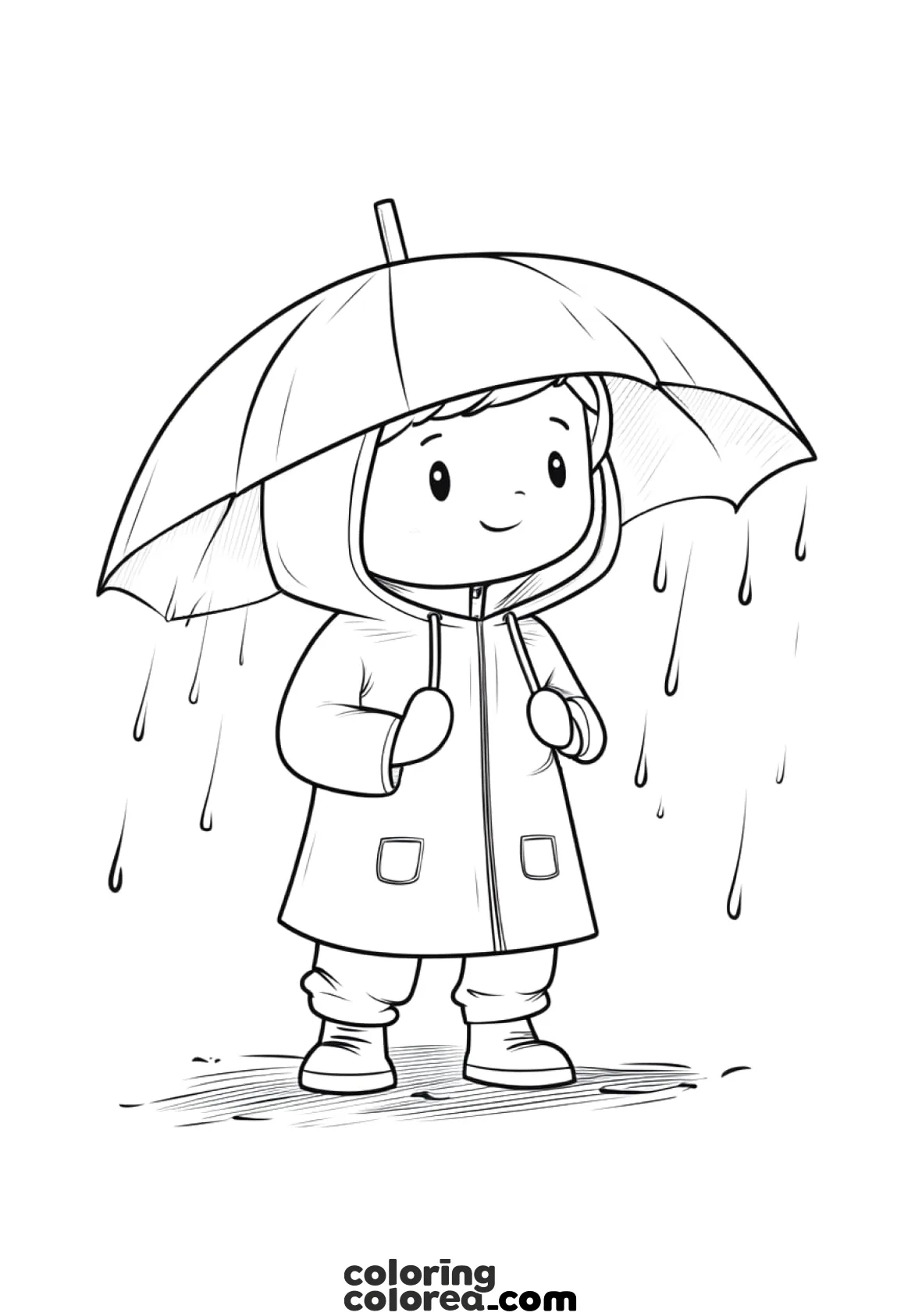 Dibujo para colorear gratis de un niño bajo un paraguas en un día de lluvia