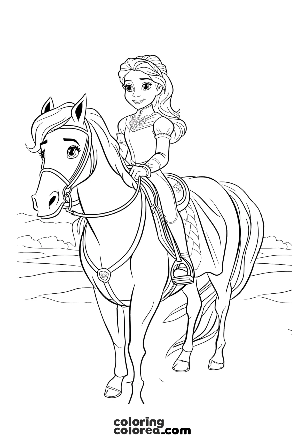 Dibujo para colorear gratis de una Princesa montada a caballo