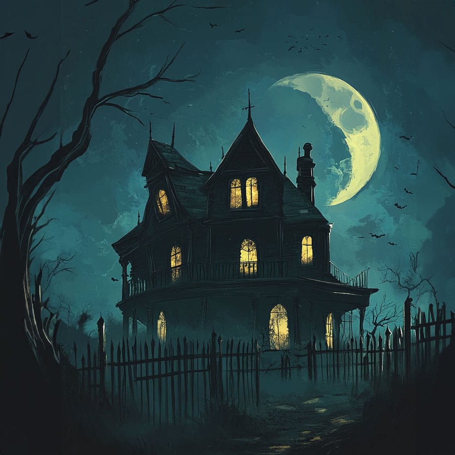 Ilustración de una misteriosa casa de Halloween en la oscuridad de la noche