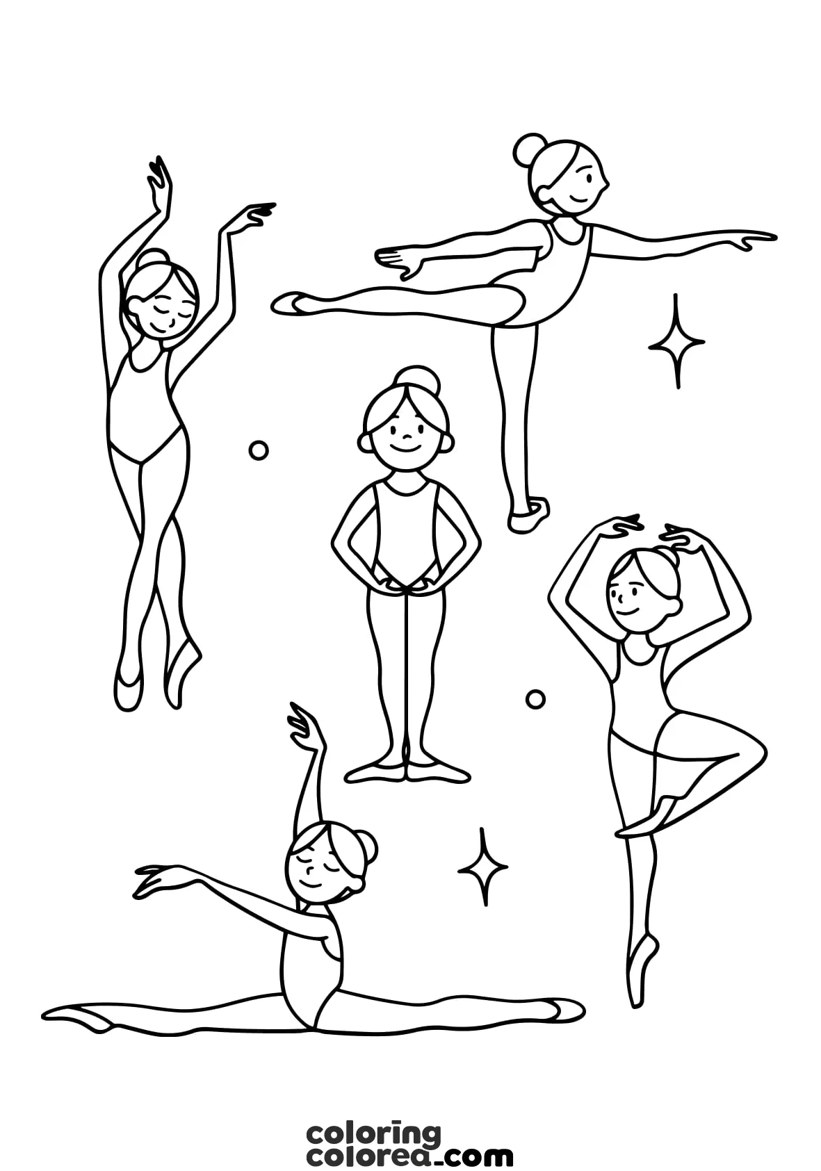 Dibujo para colorear con diferentes figuras de ballet