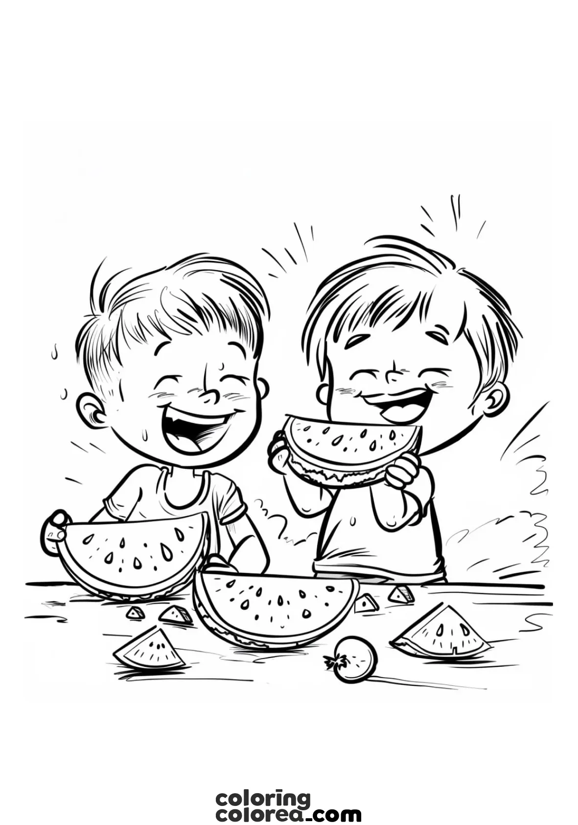 Dibujo para colorear de dos niños disfrutando de una sabrosa sandía