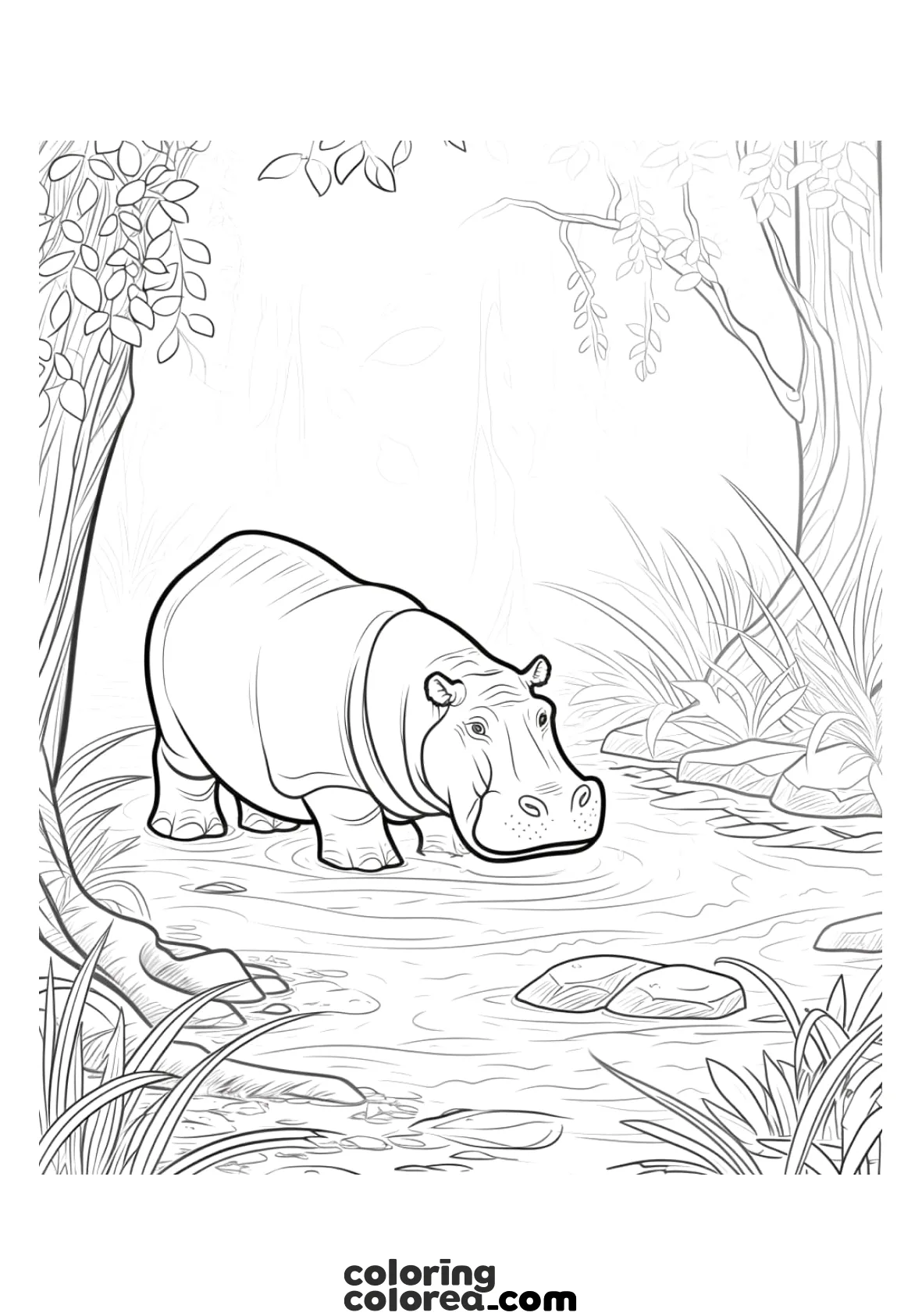 Dibujo para colorear gratis de un hipopótamo en el agua