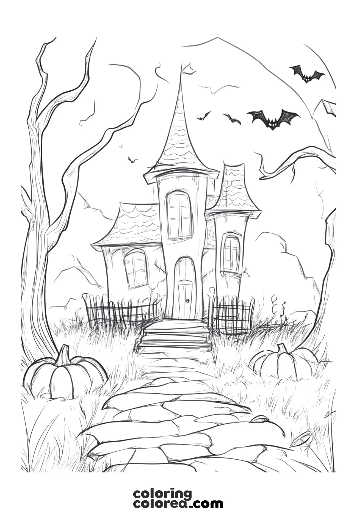 Dibujo para colorear de una casa tenebrosa de Halloween