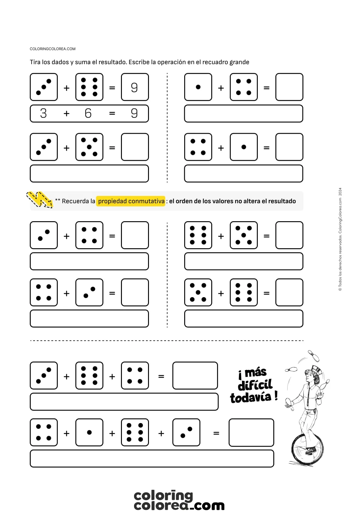 Ejercicio de matemáticas. Sumas simples. La propiedad conmutativa