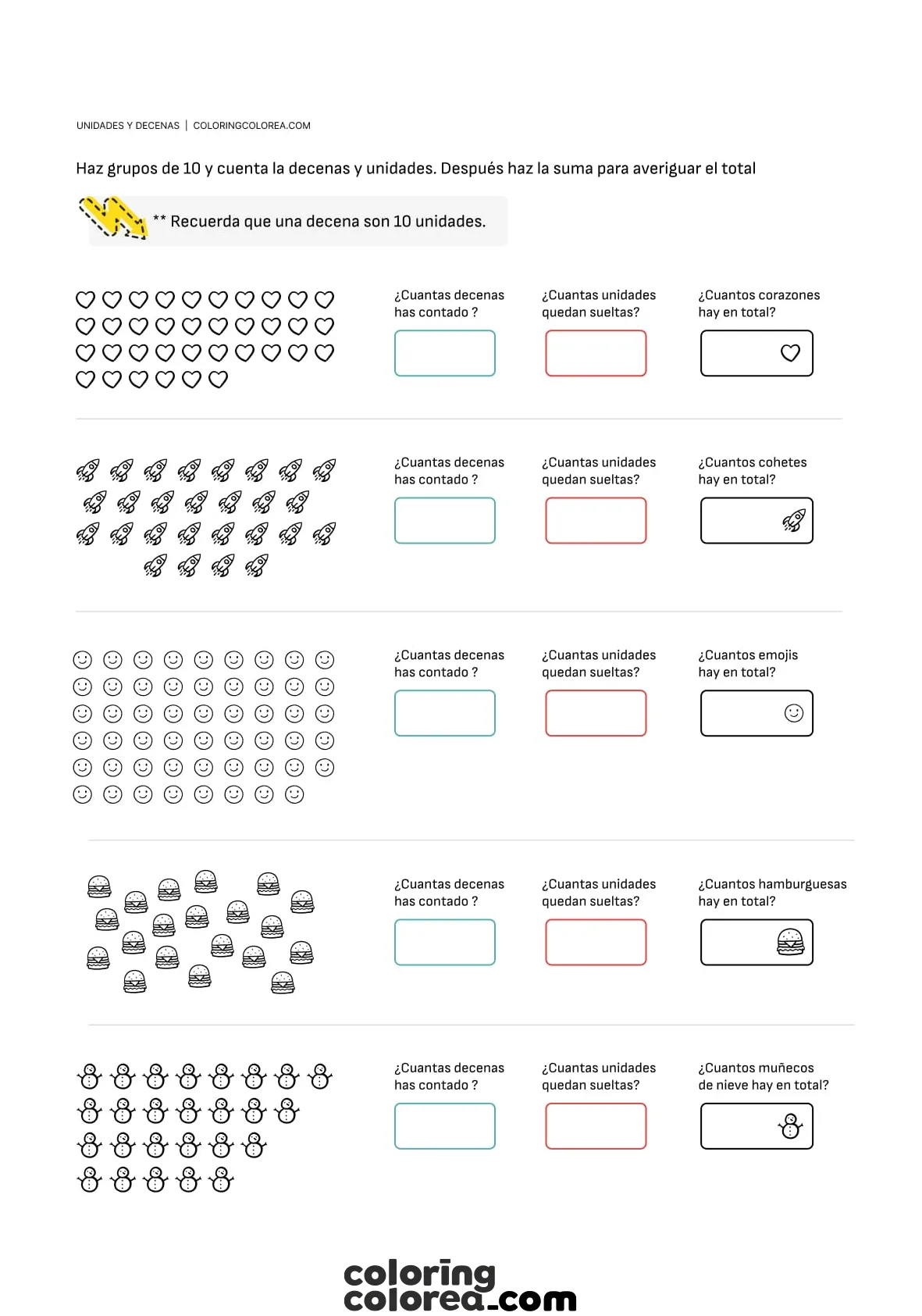 Hoja de deberes de Matemáticas: Unidades y decenas. 7 años