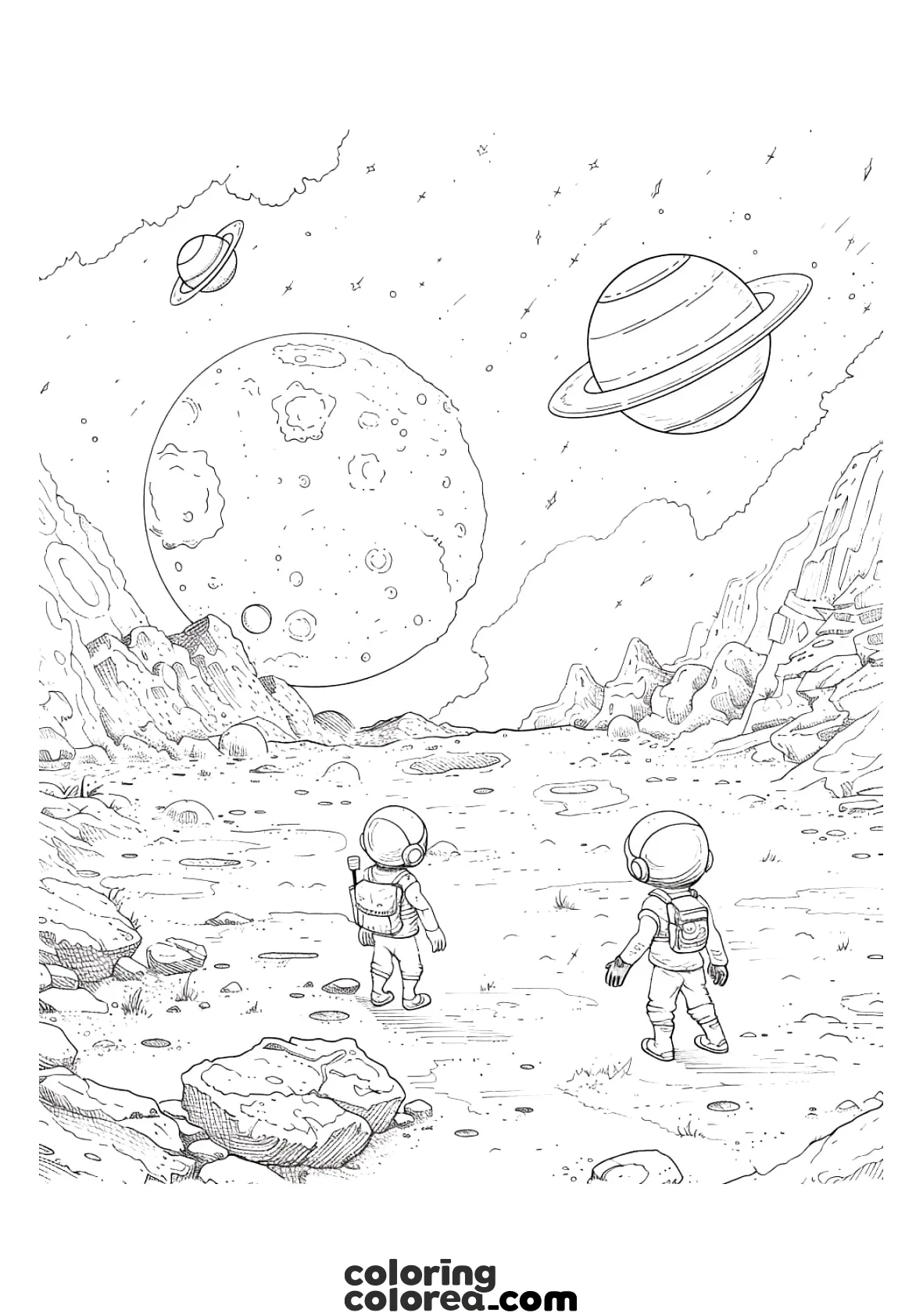 Dibujo para colorear de un paisaje espacial, en algún planeta desconocido