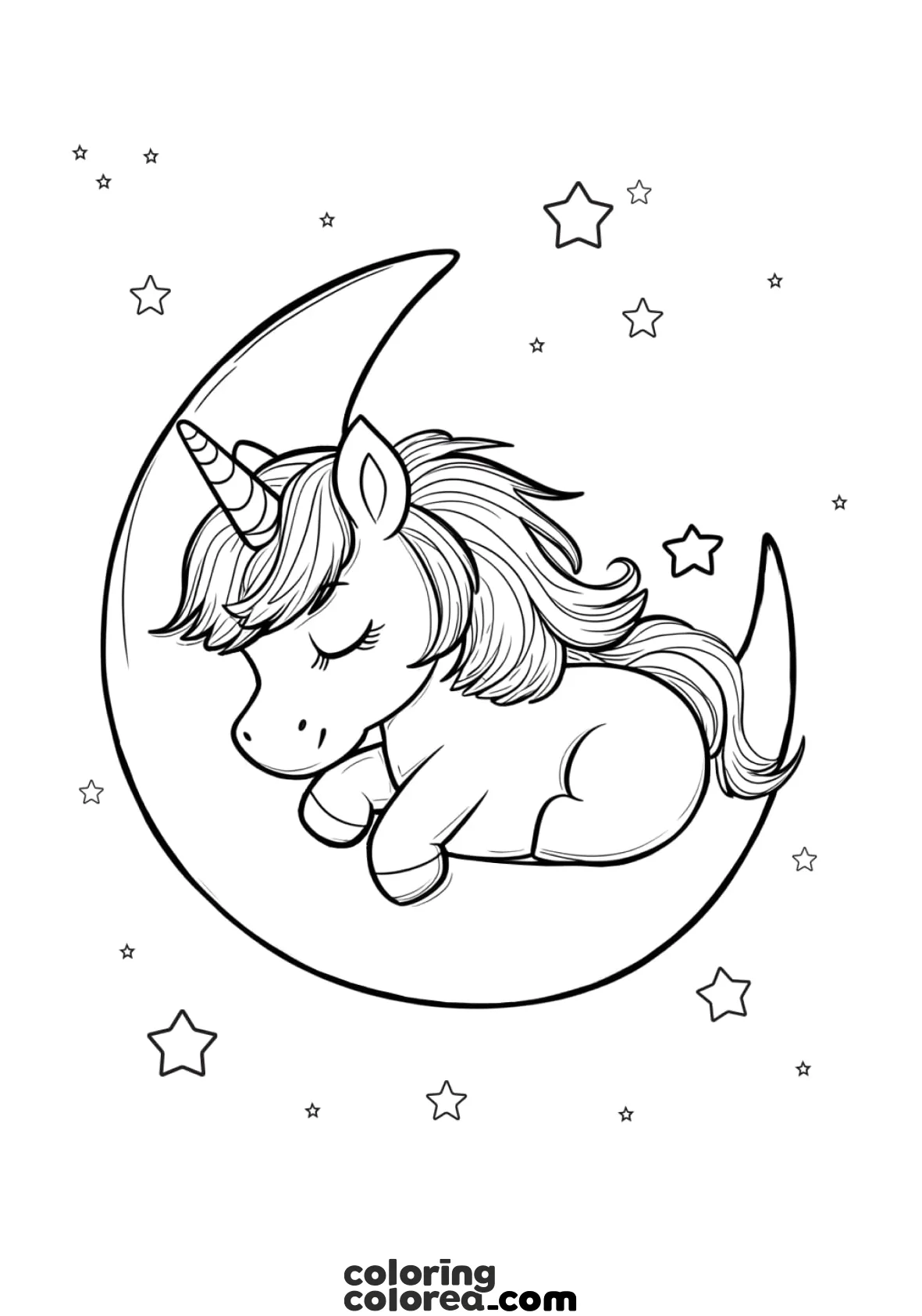 Dibujo para colorear de un pequeño unicornio durmiendo en la luna creciente