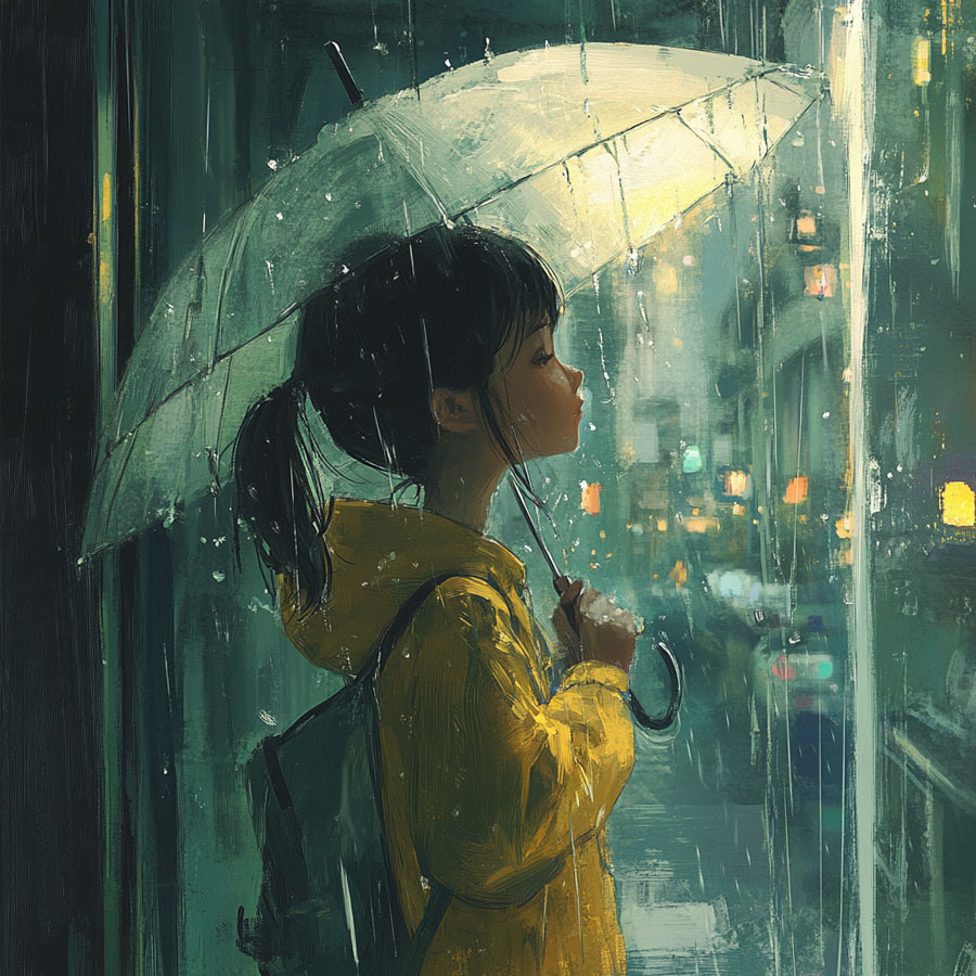 Ilustración de un día de lluvia, con una niña con chubasquero amarillo y paraguas transparente