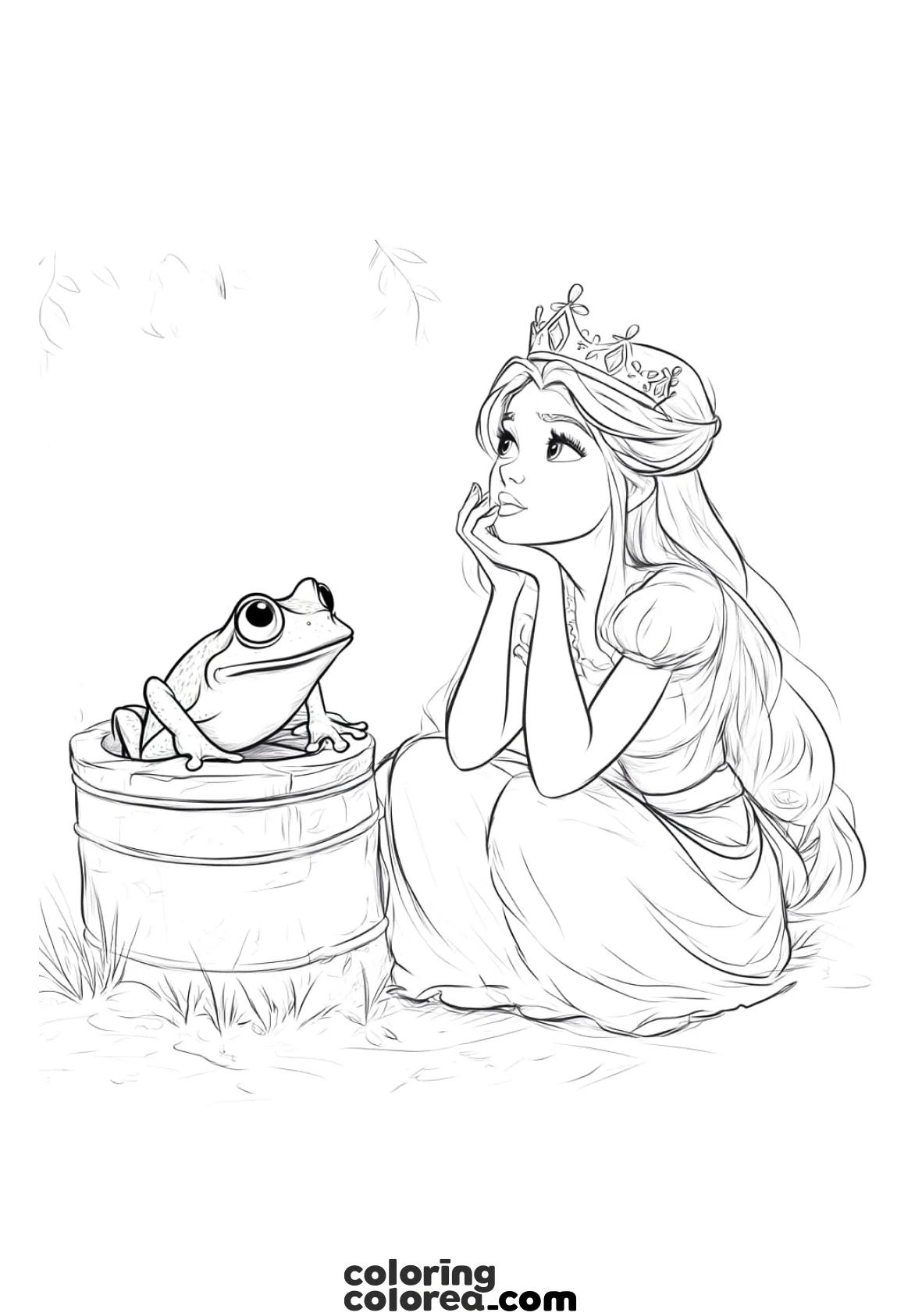 Dibujo para colorear de una Princesa hablando con el sapo