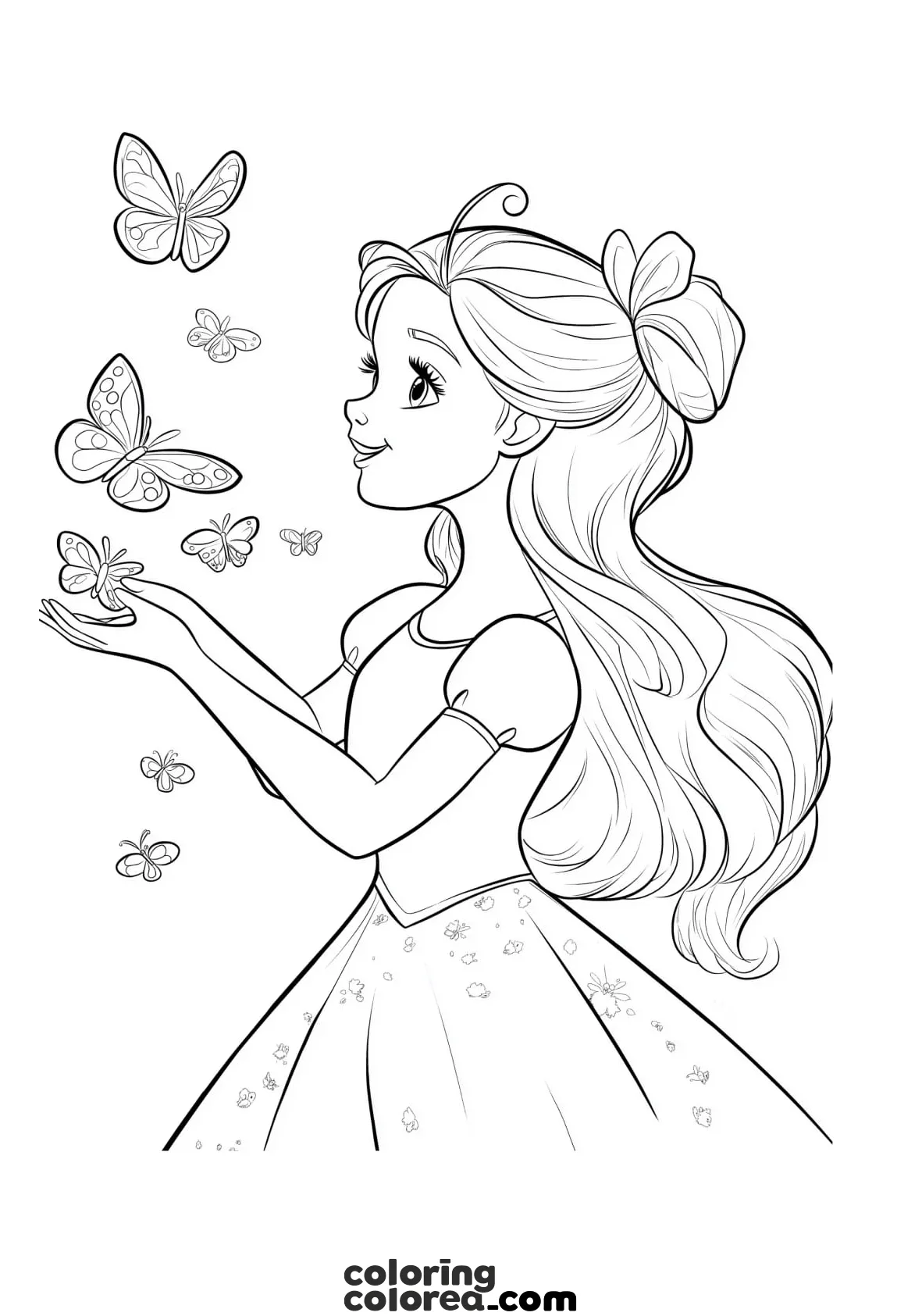 Dibujo para colorear de una princesa jugando con mariposas