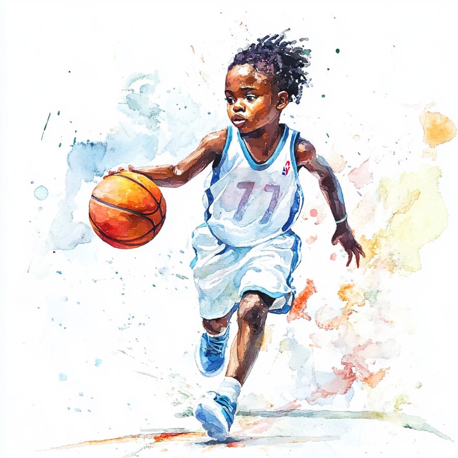 Niño pequeño jugando al baloncesto en posesión del balón
