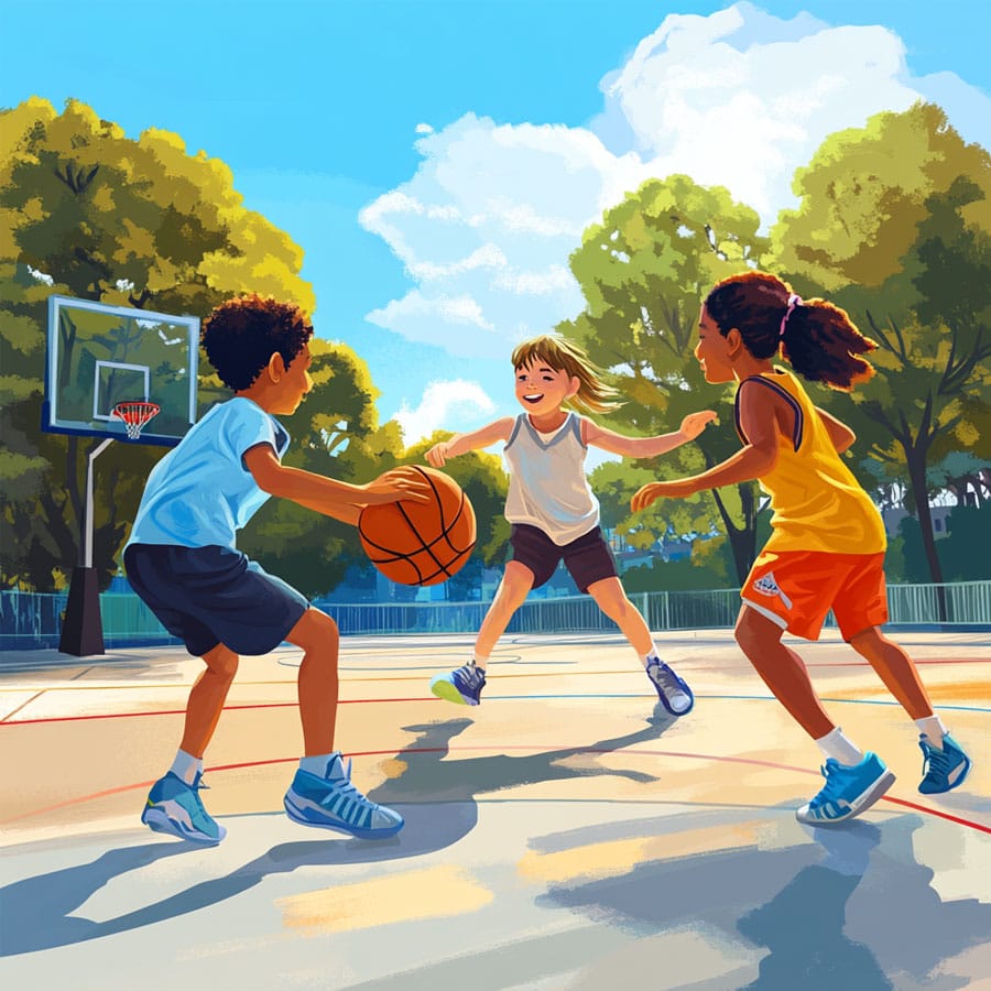Dibujo de varios niños jugando al baloncesto en una cancha en la calle