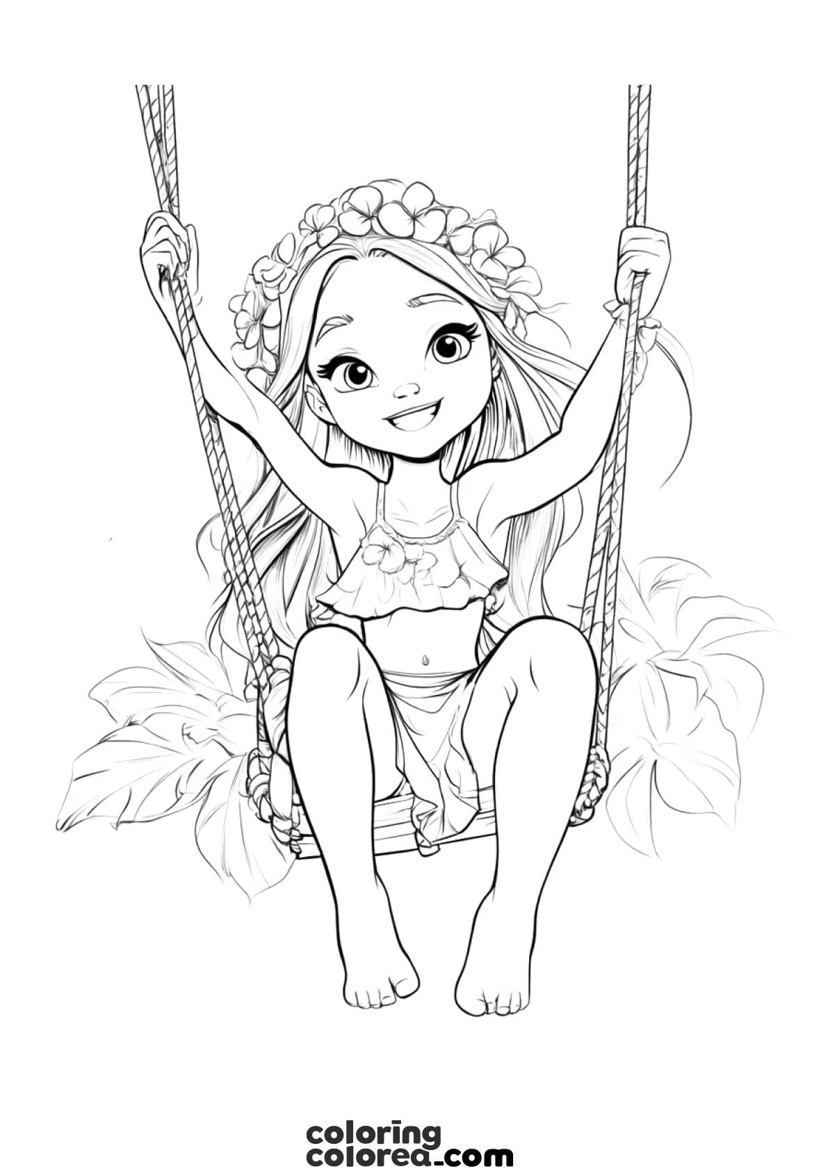 Dibujo para colorear de una niña hawaiana con Vaiana o Lilo