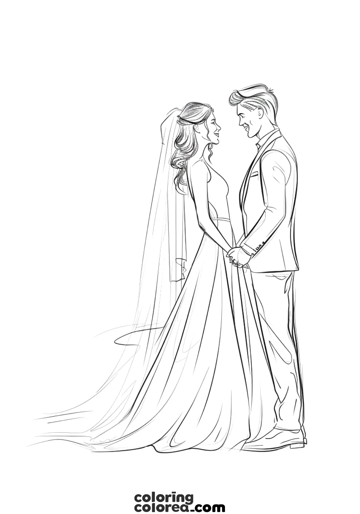 Dibujo para colorear de un hombre y una mujer casándose. Boda