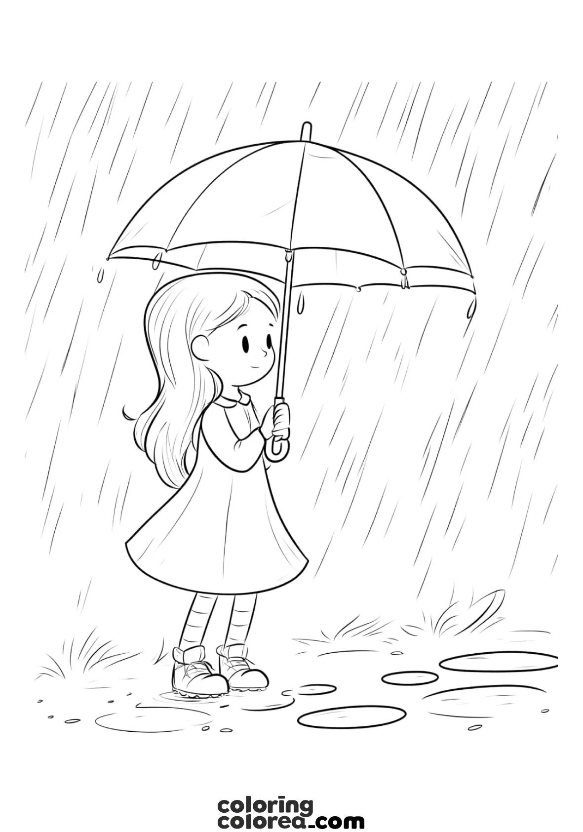 Dibujo para colorear de una niña bajo el programa en un día de lluvia