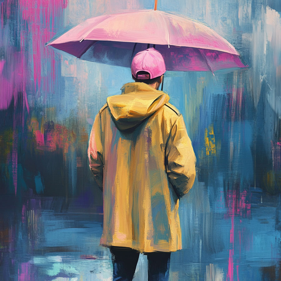 Pintura de un hombre con chubasquero amarillo y paraguas rosa bajo la lluvia
