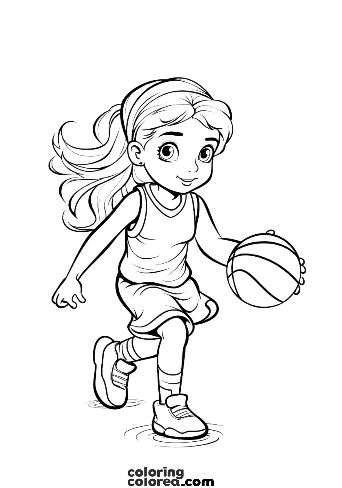 Dibujo para colorear de una niña jugando al baloncesto