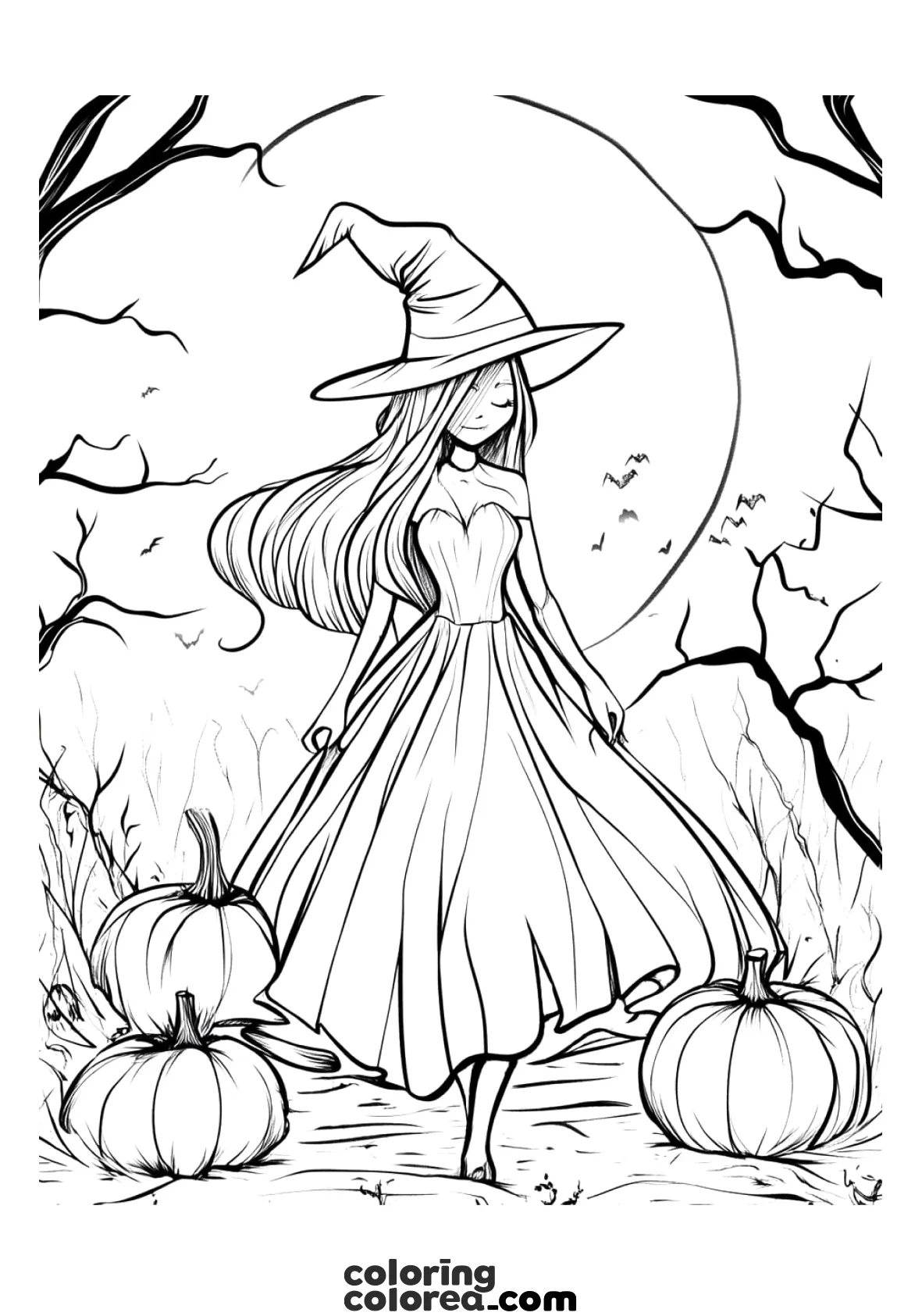 Dibujo para colorear de una Bruja solitaria en Halloween