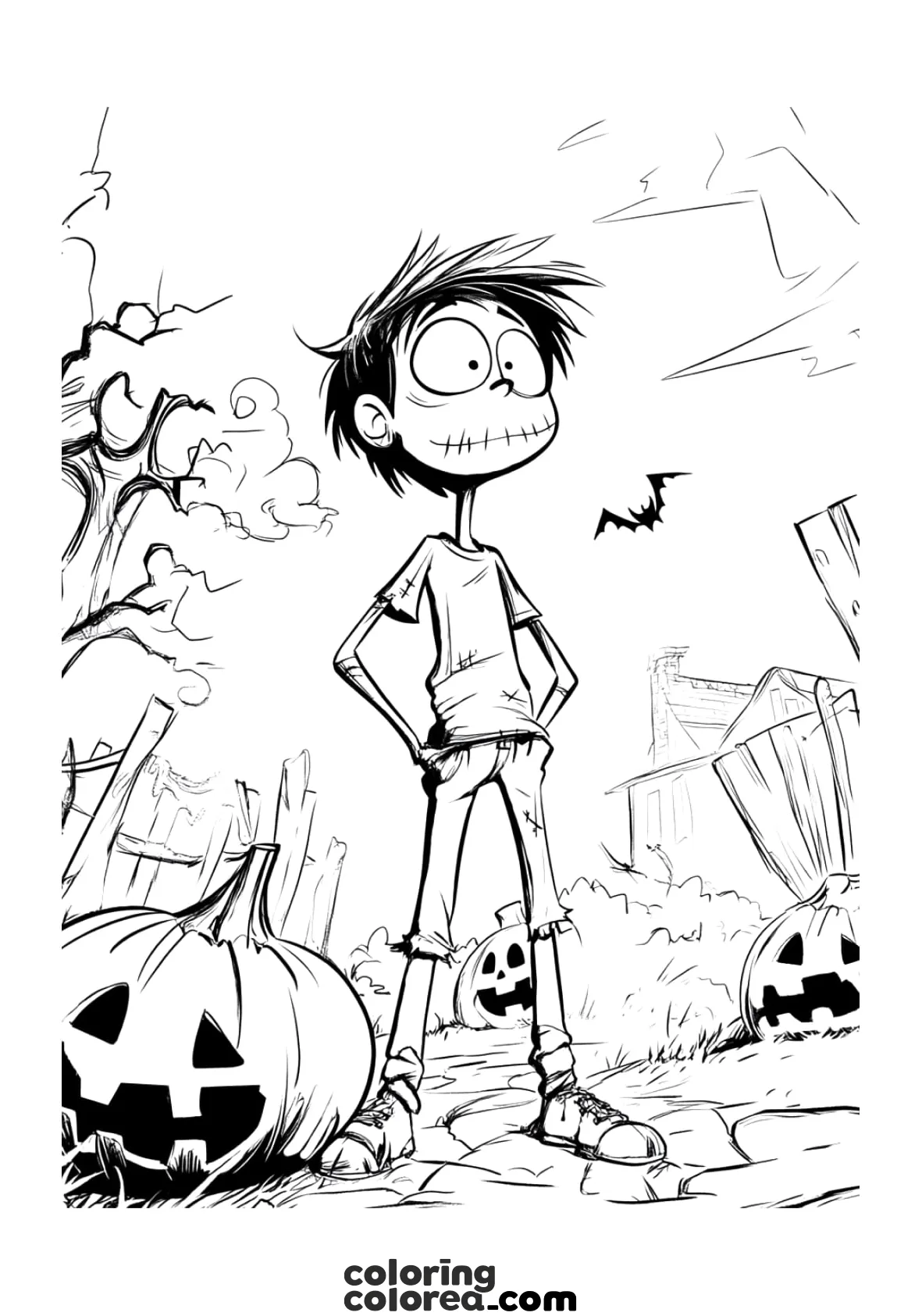 Dibujo para colorear de un zombie perdido en un campo de calabazas en Halloween