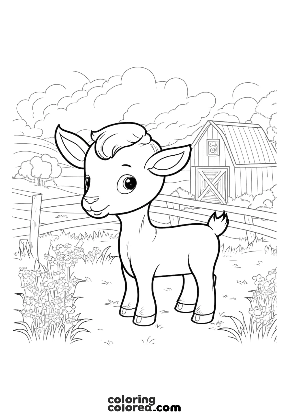 Dibujo para colorear de una cabra pequeña, en la colección animales de Granja