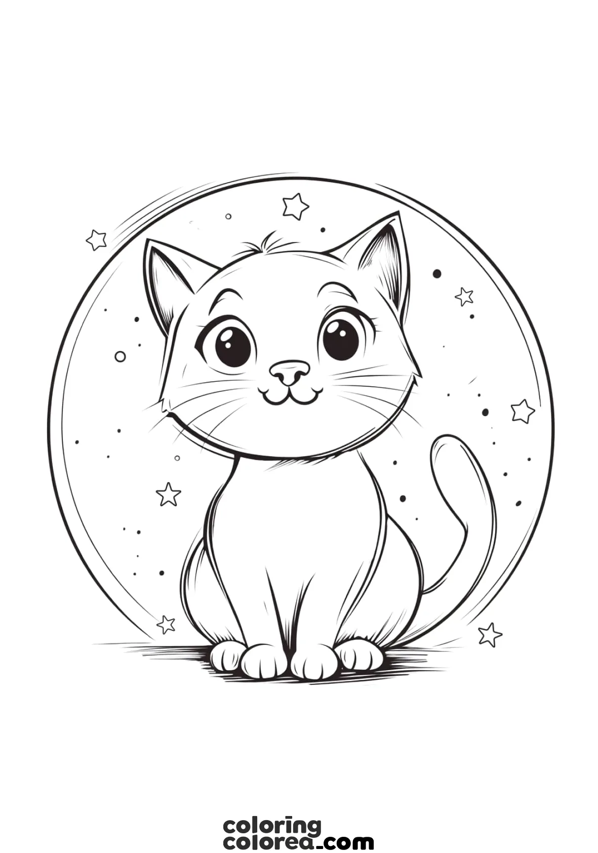 Dibujo para colorear de un gato con una gran luna de fondo
