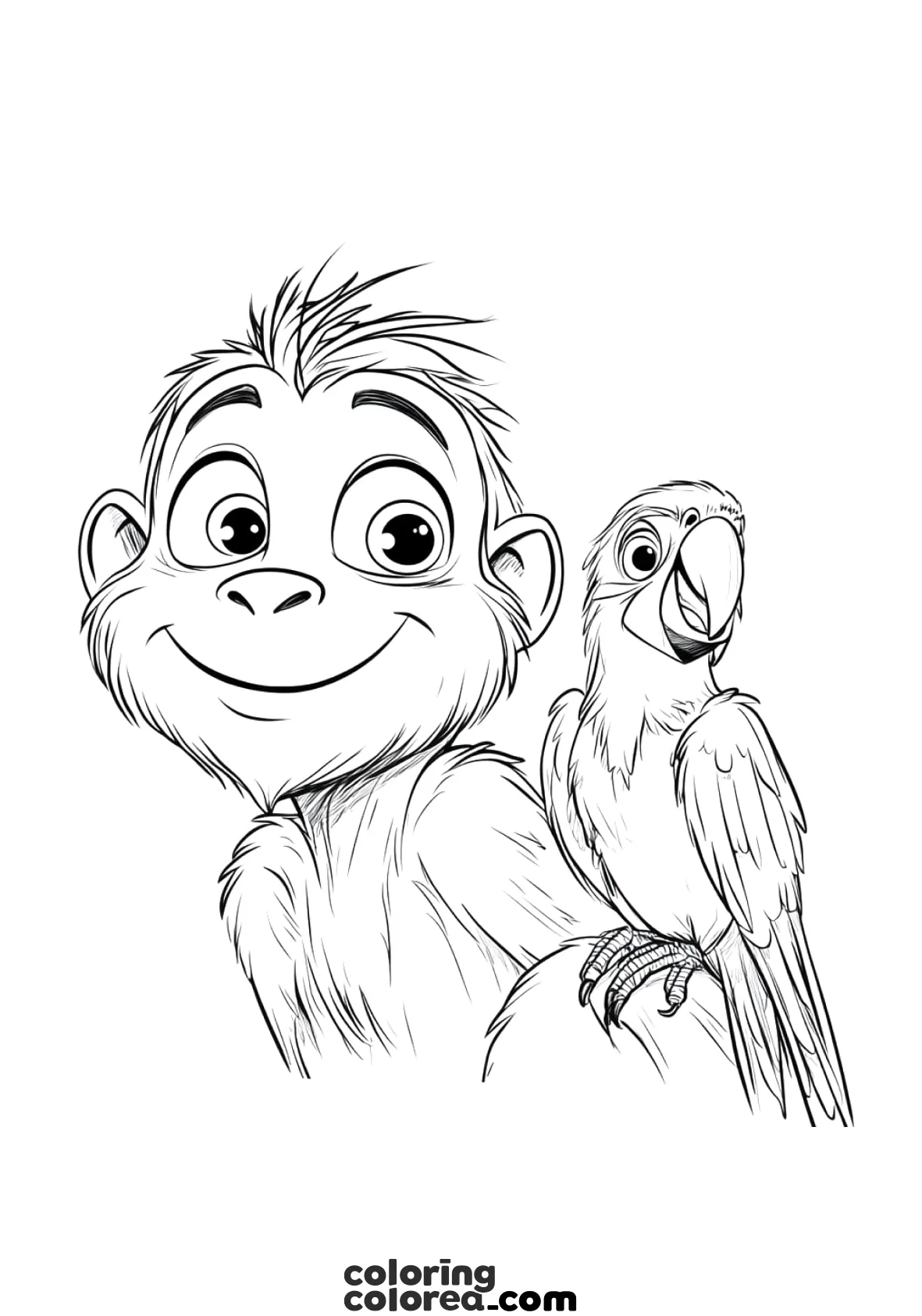 Dibujo para colorear de un mono con un loro o papagayo sobre el hombro