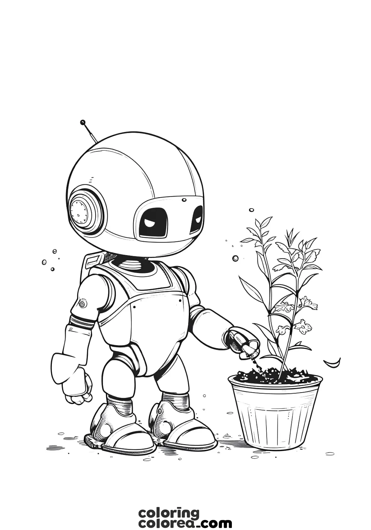 Dibujo para colorear de un robot cuidando una planta. Un momento para reflexionar sobre el futuro