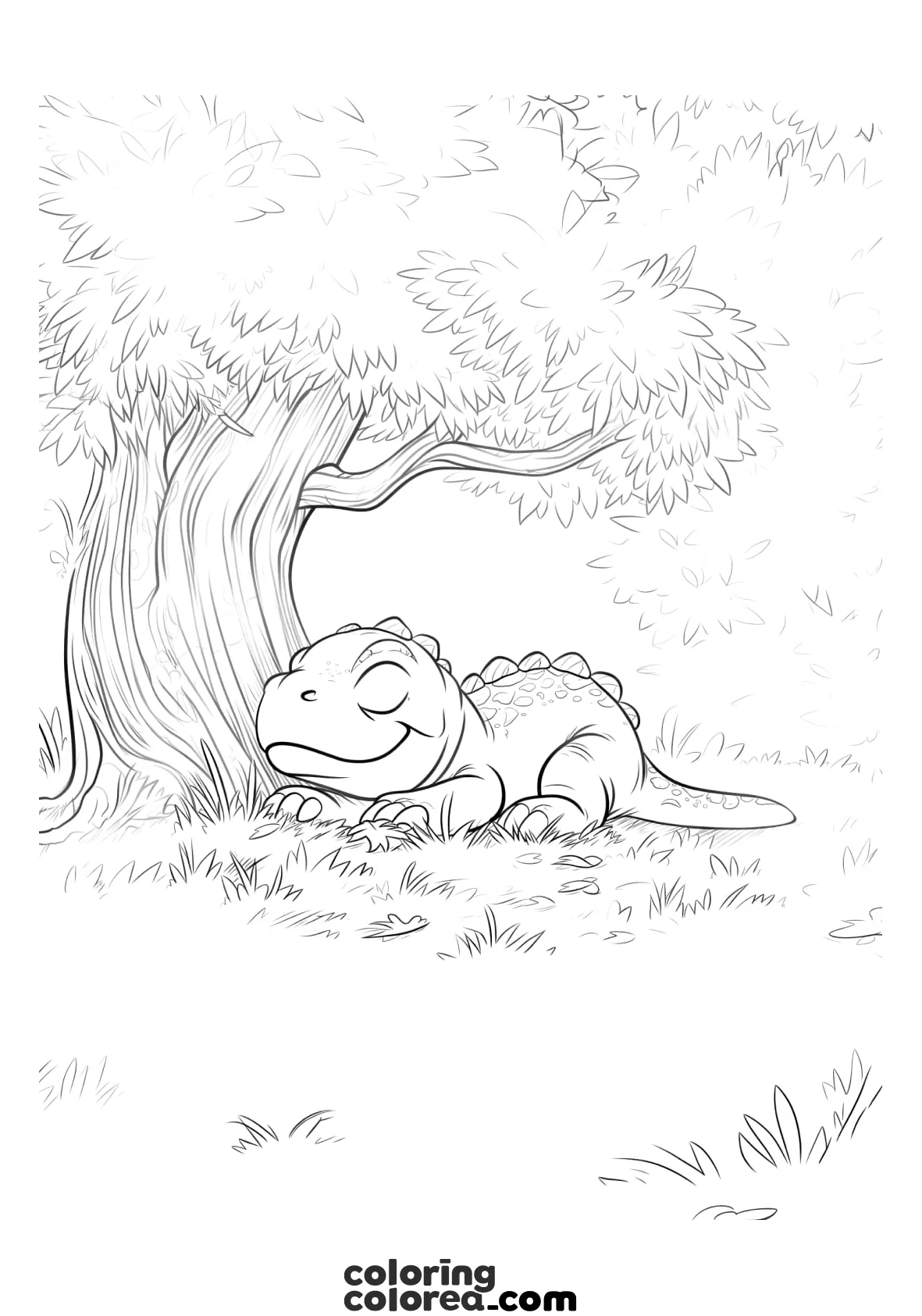 Dibujo para colorear de una cría de Diplodocus durmiendo bajo un árbol