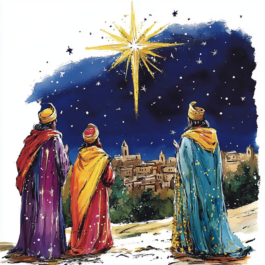 Dibujo de los tres Reyes Magos siguiendo la estrella de oriente
