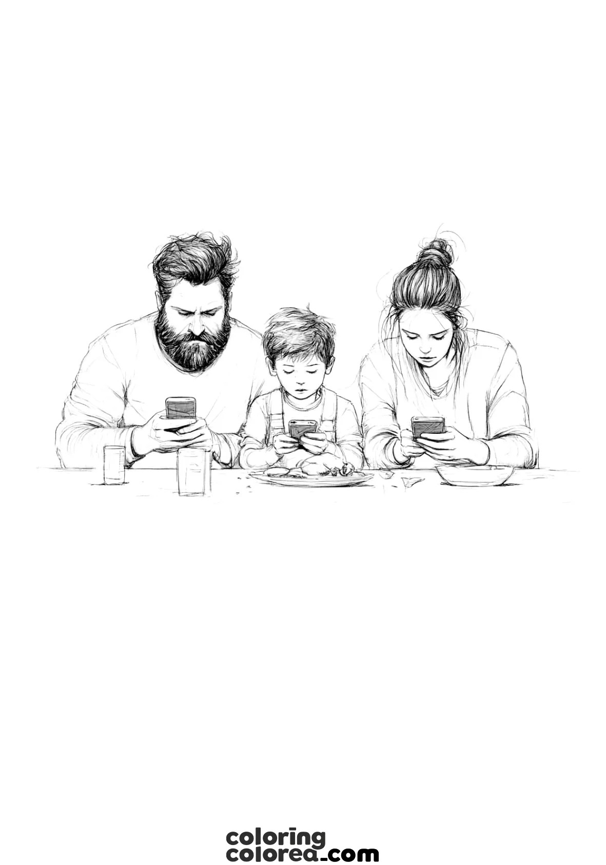 Dibujo educativo para colorear y reflexionar sobre el uso y abuso del teléfono móvil en el entorno familiar