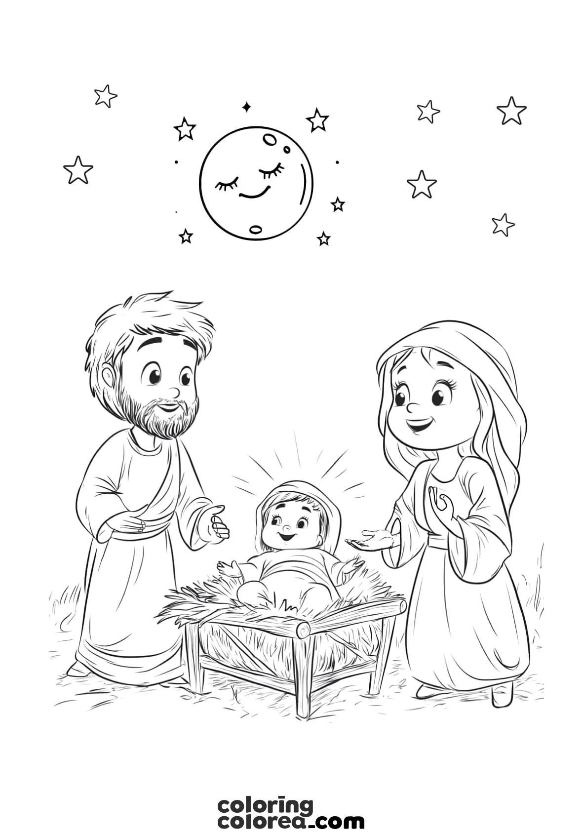 Dibujo para colorear del nacimiento del niño Jesús con José y María