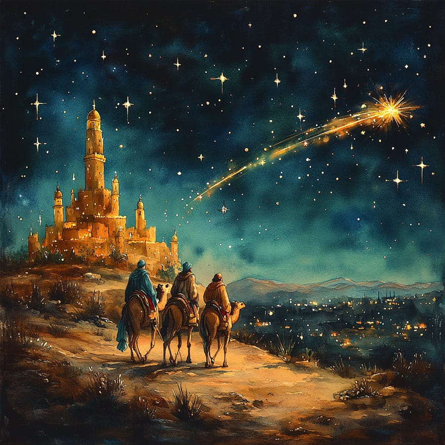 Ilustración de los Reyes Magos persiguiendo las estrella a Belén