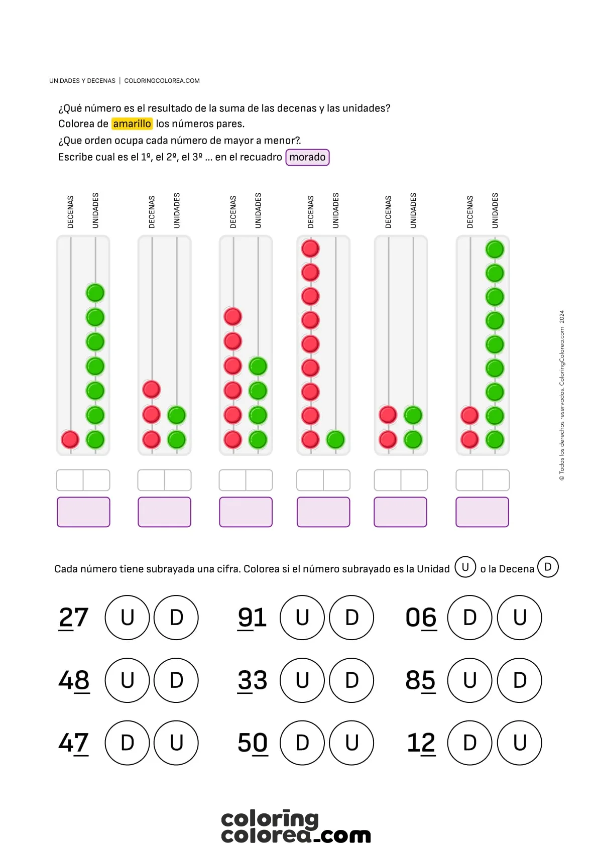 Ficha de ejercicios de matemáticas para reforzar unidades, decenas y números ordinales