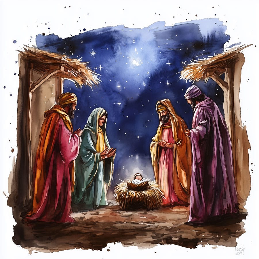 Ilustración de los Reyes Magos en el Portal de Belén