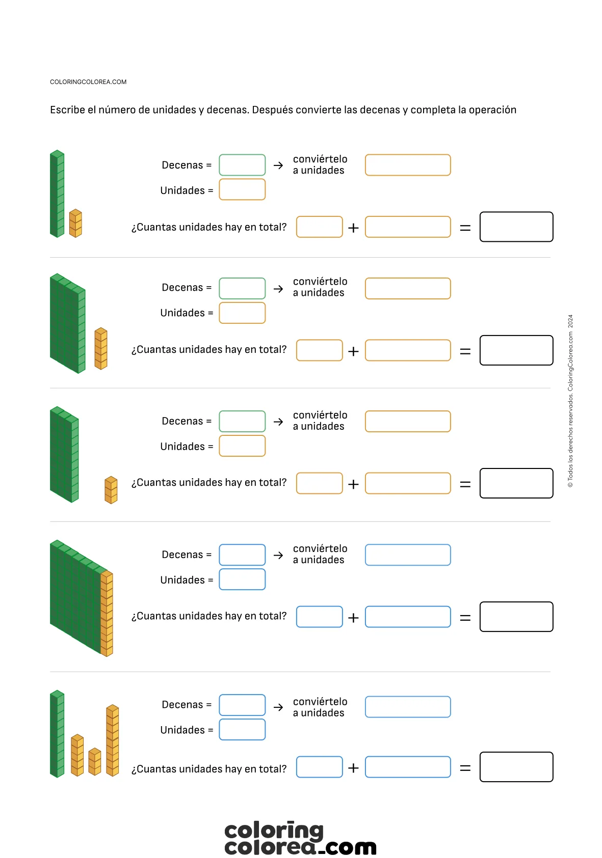 Ficha de ejercicios de matemáticas para reforzar el sistema decimal: unidades, decenas